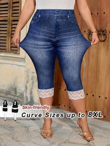 SHEIN CURVE+ Curve 尺码 US22 音乐节、海滨度假、波西米亚风女士休闲牛仔印花打底裤 - 藍色 - 查看 7
