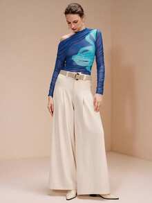 SHEIN Revavyn 女款斜肩長袖百褶透視性感修身時尚上衣 - 藍色 - 查看 3