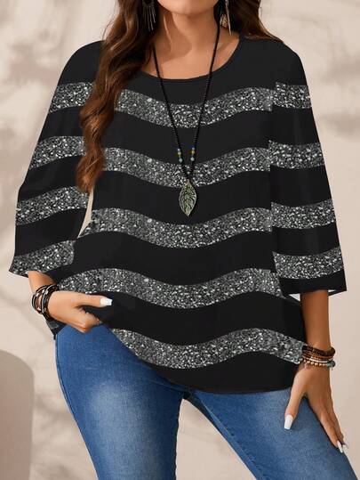 EMERY ROSE Camisa holgada de manga 3/4 con estampado de rayas de onda minimalista casual para mujer talla grande, color negro y gris