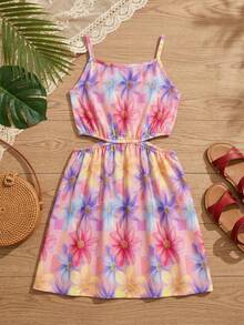1pc Tween GirlsGradient Plaid Daisy Print Sleeveless A-Line Mini Dress, Vacation & Beach Casual Outfit - White - View 3