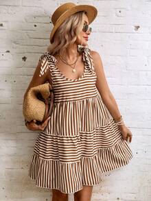 Swim Vcay 女士夏季沙滩条纹印花系带露肩开衩层叠褶皱休闲度假连衣裙 - 咖啡棕 - 查看 7
