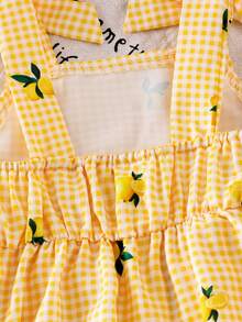 SHEIN Playful Pals 2件套女婴幼儿/新生儿0-3岁休闲日常可爱度假条纹蝴蝶结装饰可爱柠檬印花吊带背心+短裤套装，春夏款 - 黃色 - 查看 4