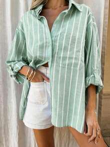 Airaco Women's Striped Print Casual Long Sleeve Shirt - Mint Green - View 3