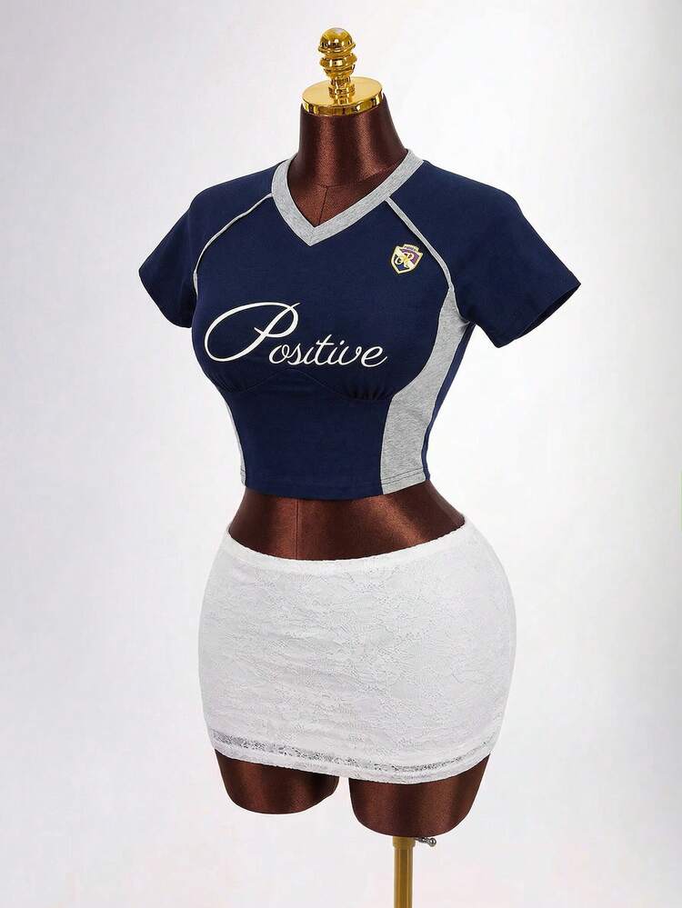 Women's Summer Casual Letter Graphic Contrast Color Short Sleeve T-Shirt