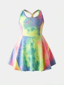SHEIN Young Girl Tie-Dye Print Criss-Cross Back Sports Dress - Multicolor - View 3