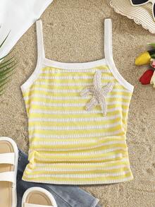 Tween Girls' Striped Camisole, All-Match Casual Versatile Style, Suitable For Daily Outings, Travel, School And Other Occasions - Yellow - View 7