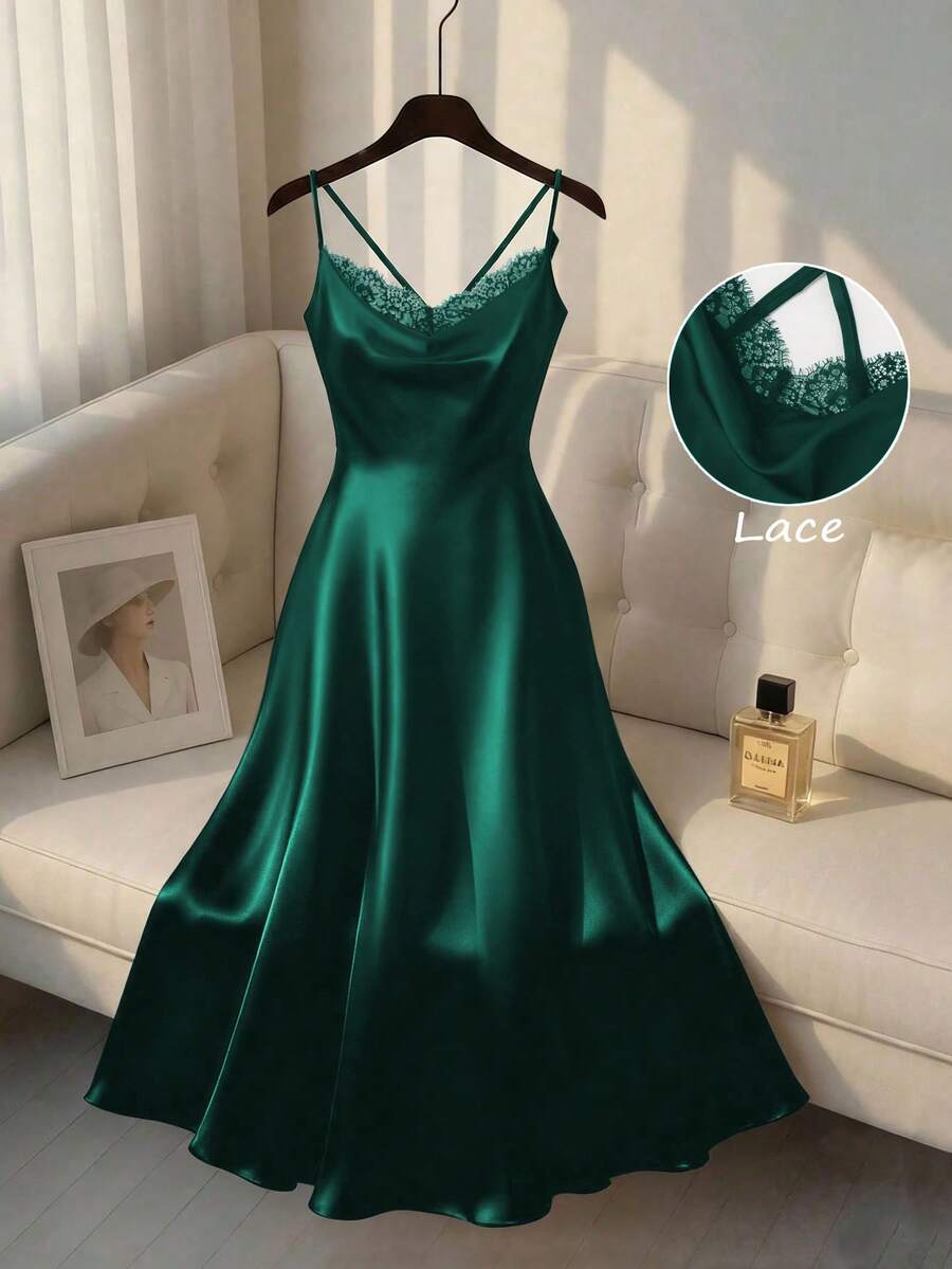 GlowEve CURVE Plus Size Solid Color Lace Patchwork Dress - Dark Green - View 1