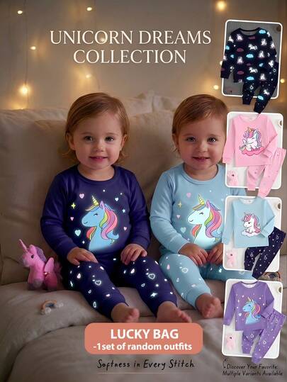 Cozy Pixies Bộ đồ ngủ 2 món cho bé gái họa tiết kỳ lân, gồm áo dài tay cổ tròn mềm mại và quần legging cạp chun.