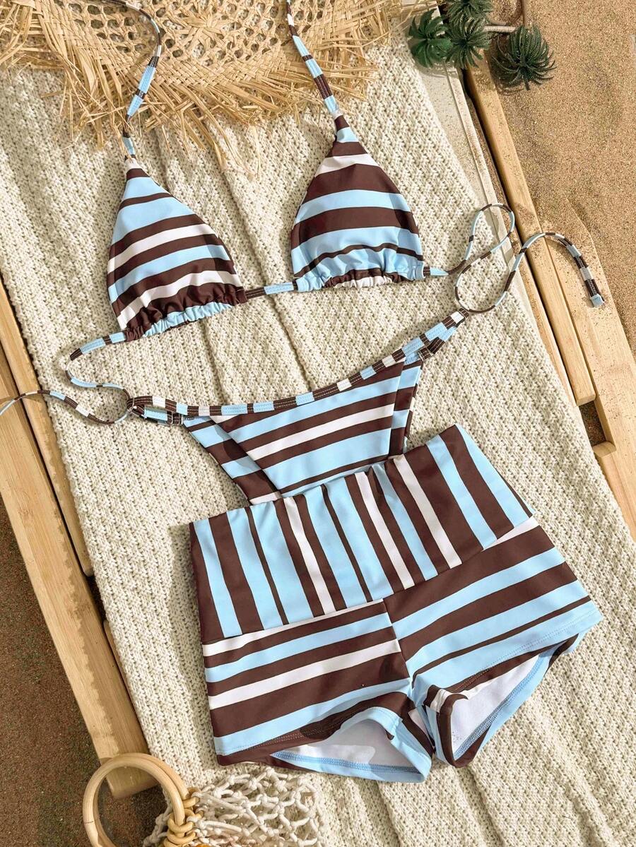 SHEIN Swim Mod 2026新款春夏女士三件套泳衣，随机印花泳装套装，含泳裤和裙子，优雅休闲海滩度假装 - 彩色 - 查看 1