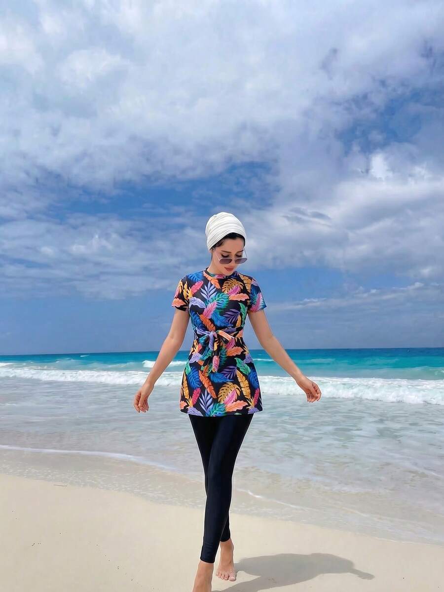Swim Mulvari 2pcs Women Leaf Print Tie Waist Burkini Set - Multicolor - View 1