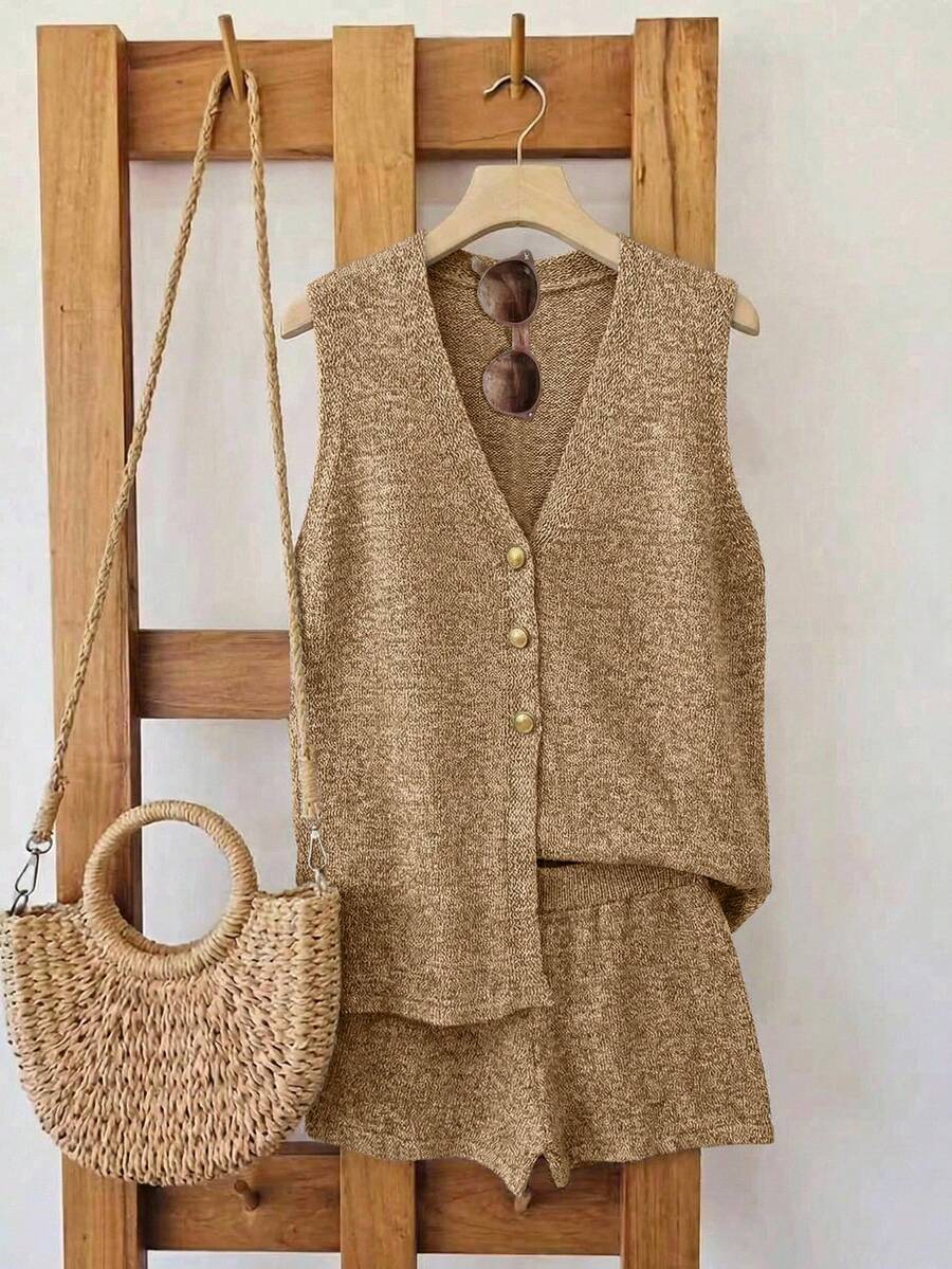 GlowEve 2pcs V-Neck Sleeveless Casual Button Front Knit Sweater Set - Camel - View 1