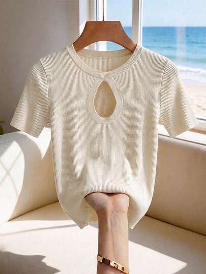 Franclia New Hollow-Out Front Knit Short Sleeve Top, Korean Soft Style Round Neck Hollow Knit Shirt, Fitted Slimming Hollow Design Knit T-Shirt, Apricot Elastic Knit, Lightweight Summer Tops
