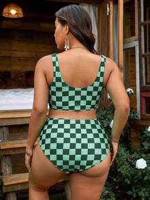 SHEIN Swim Curve Plus Size Women's Black & White Plaid Tankini Swimsuit Set, Casual & Vacation - Green - View 2