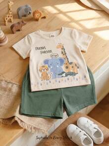 Cozy Pixies Bộ 2 món cho bé trai/bé gái, gồm áo thun dệt kim cổ tròn dáng rộng và quần short in hình động vật hoạt hình dễ thương, thích hợp mặc mùa xuân/hè. - Nhiều màu - Xem 6