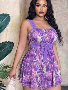 Swim Lushoire Bộ đồ bơi cỡ lớn in họa tiết nhuộm tie-dye - Màu tím - Xem 1