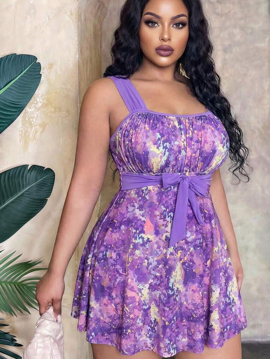 Swim Lushoire Bộ đồ bơi cỡ lớn in họa tiết nhuộm tie-dye - Màu tím - Xem 1