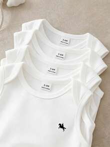 SHEIN Playful Pals Bộ 3 áo liền quần tay ngắn in hình ngựa dễ thương cho bé trai, thích hợp cho mùa hè. - trắng - Xem 5