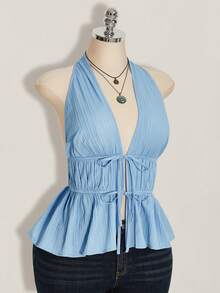 SHEIN ICON 大尺碼女款度假掛脖綁帶前領結荷葉邊露背上衣，沙灘度假上衣，夏季約會穿搭 - 藍色 - 查看 9