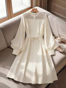 Plus Size Women Floral Decor Round Neck Casual Vacation Date Outing Long Sleeve Dress - Apricot - View 2