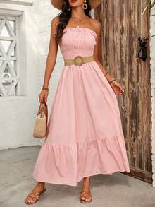 EMERY ROSE Women Casual Strapless Summer Holiday Dress With Simple Frill Trimmed Decoration Maxi Women Outfit - Baby Pink - View 4