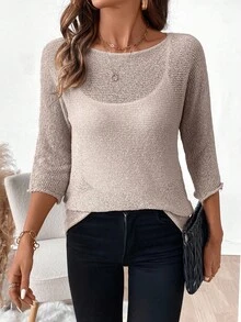 EMERY ROSE Suéter de mujer de unicolor, cuello redondo, casual, versátil y de uso diario - Volcanic Gray - Ver 6