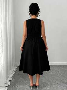 GlowEve CURVE Plus Size Women Elegant Waist Cinched Sleeveless Dress, 3D Floral Decor, Suitable For Work & Vacation - Black - View 2