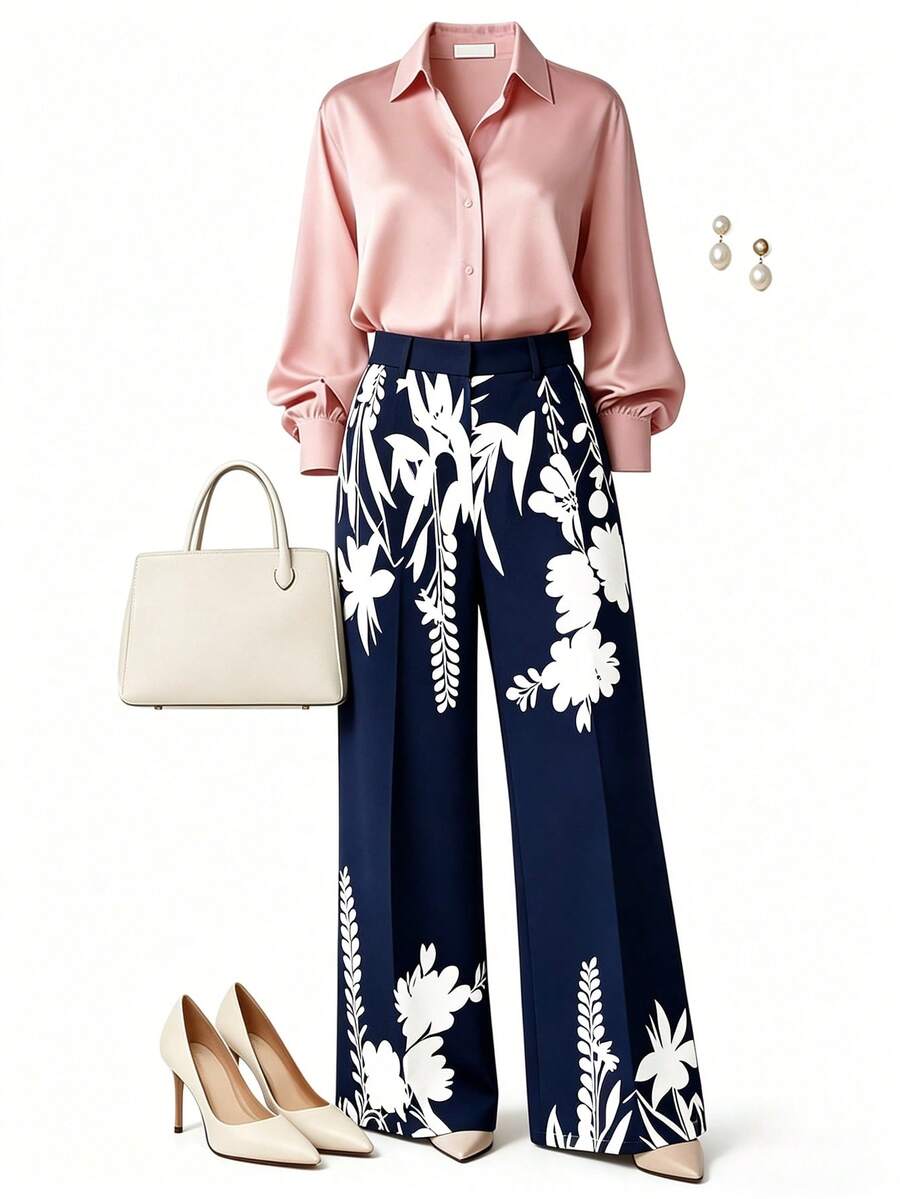 Plus Size Women High Waist Casual Patterned Pants - Navy Blue - View 1