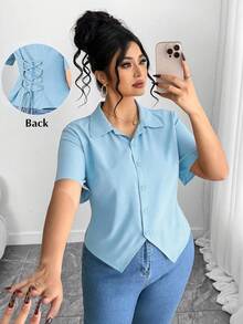 Elenzga Plus Size Fashionable Elegant Short Sleeve Asymmetrical Hem Blouse - Blue - View 1