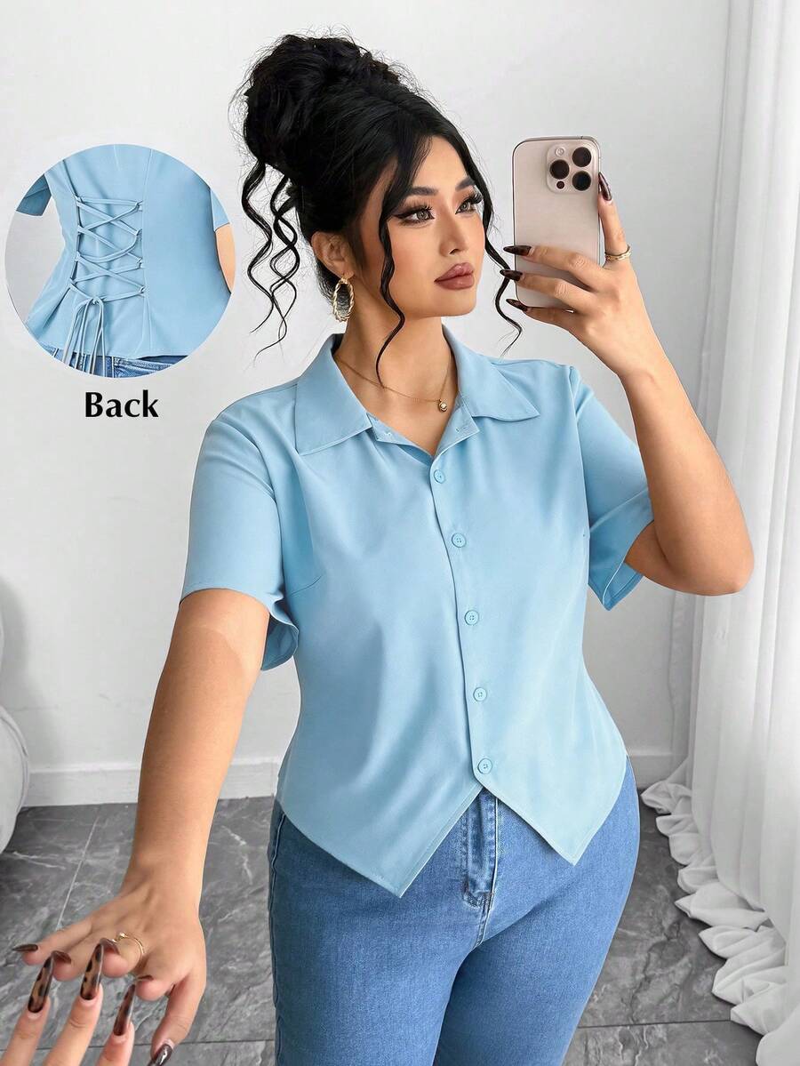 Elenzga Plus Size Fashionable Elegant Short Sleeve Asymmetrical Hem Blouse - Blue - View 1