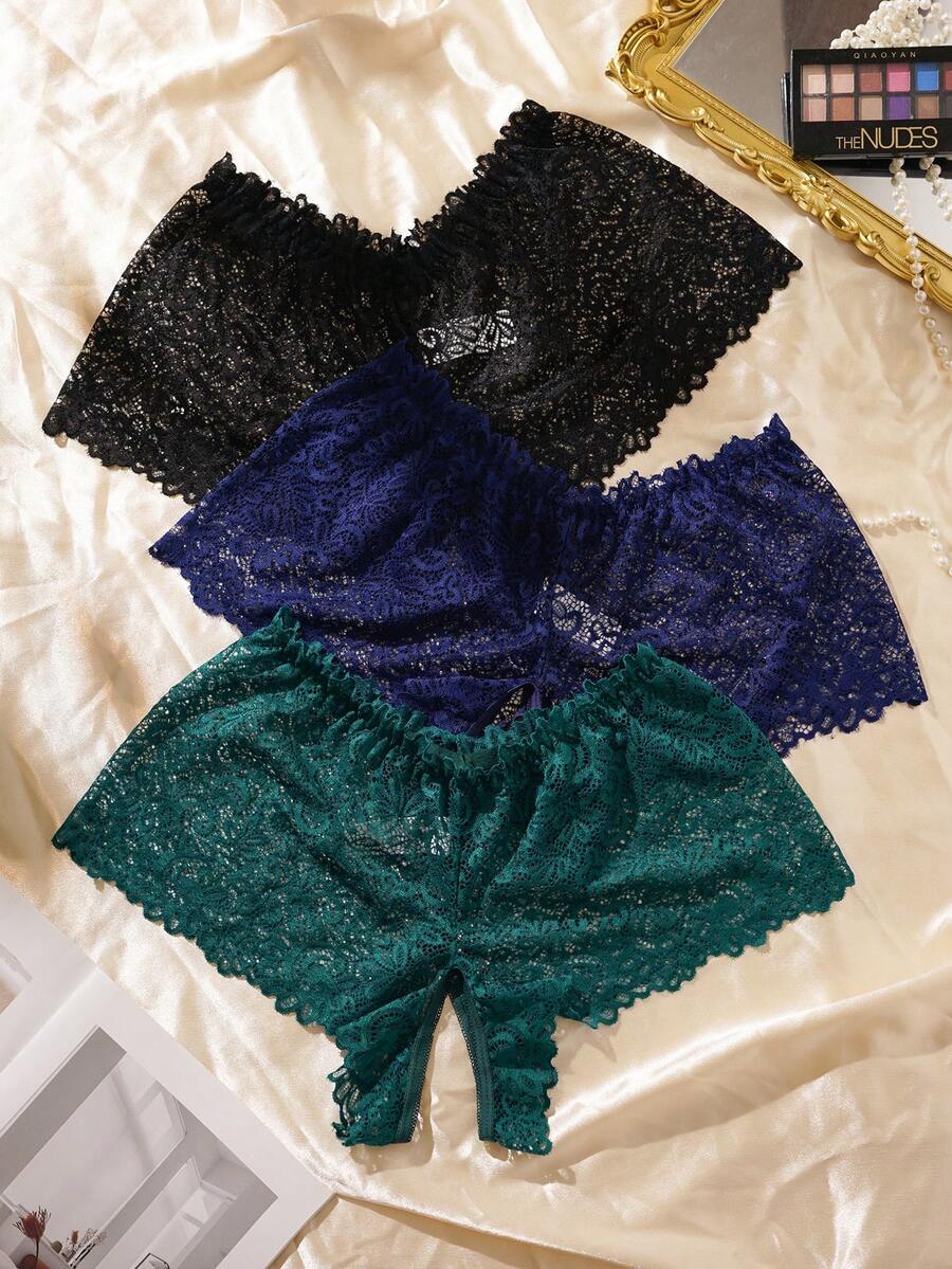 SHEIN 3pcs/Set Plus Size Lace Sexy Open Crotch Panties - Multicolor - View 1