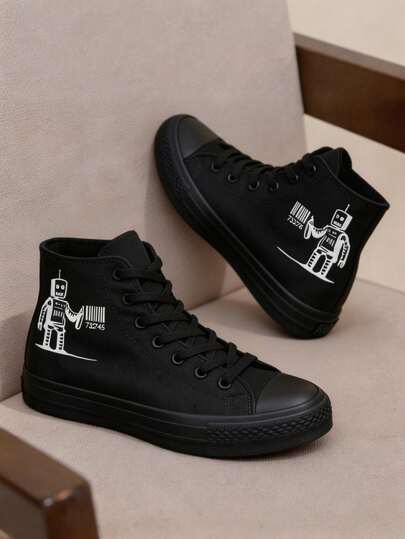 tenis lona niño niña unisex casual urbano moda zapatillas confort para caminar gym 15mx-21mx primeros pasos a 10 años escolar con suela blanco y negro con un dibujo de robot