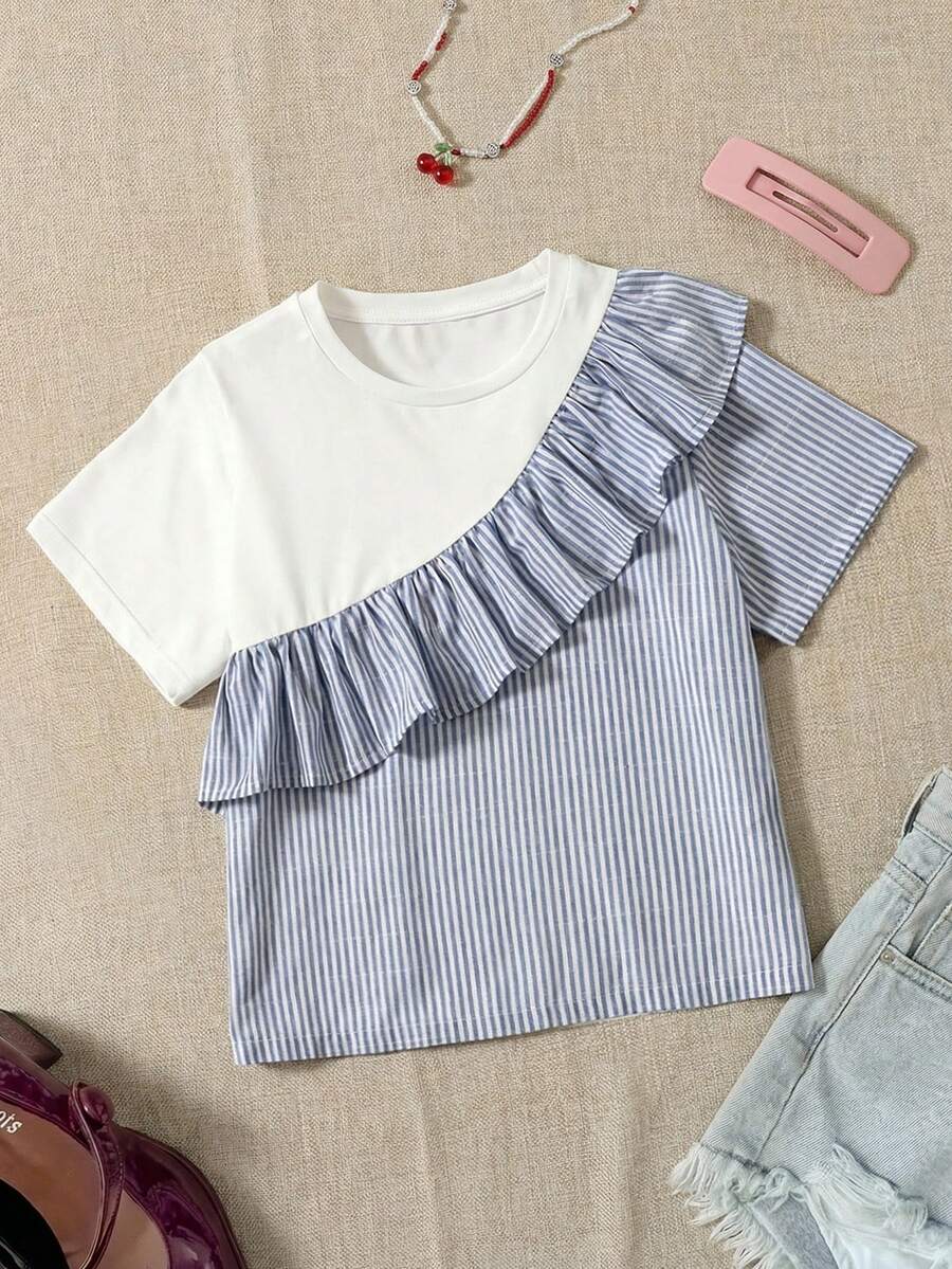 SHEIN Tween Girl Crew Neck Striped Color Block Short Sleeve T-Shirt, Suitable For Summer - Blue and White - View 1