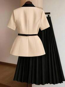 GlowEve CURVE Plus Size Women Casual Contrast Color Design Waist Belt Ruched Two Pieces Set - Multicolor - View 2
