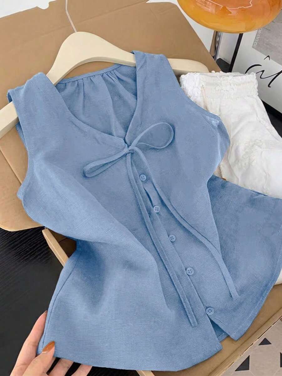 GlowEve 系带复古法式宽松简约百搭优雅女式衬衫 - 藍色 - 查看 1