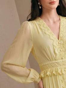 Anewsta Elegant Luxury Lace Patchwork Slim Fit Long Dress, Suitable For Spring To Summer, Dresses Party, Women, Floral - Light Yellow - View 2