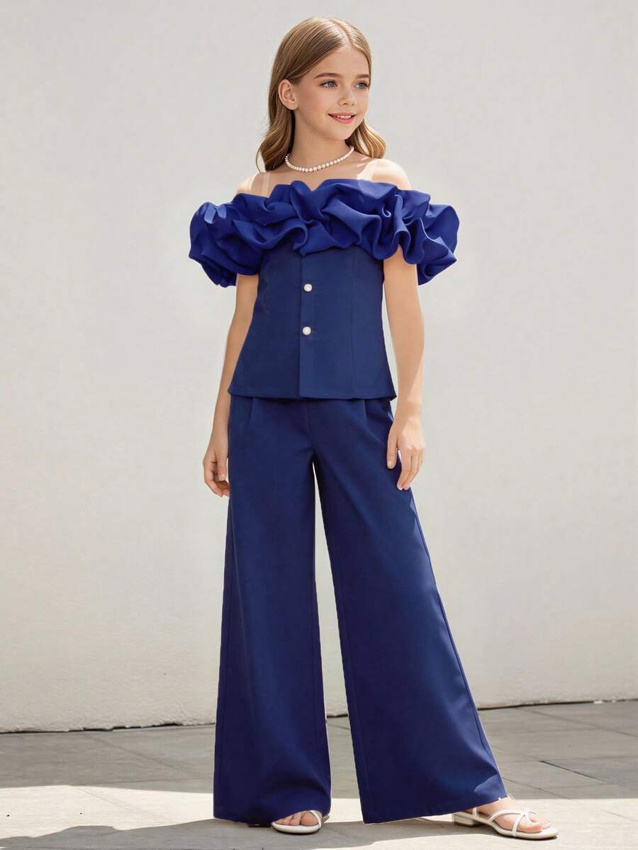 SHEIN Setelan Celana Panjang Model Korea Warna Biru Tua 2 Potong untuk Remaja Perempuan, Manis & Lembut, Potongan Lebar di Bagian Bawah, Satu Bahu, Cocok untuk Musim Panas, Pernikahan, Pakaian Sehari-hari, dan Pesta - Navy Blue - View 1