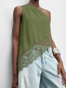 Maija Blusa casual sin mangas de color negro sólido con diseño de hombro asimétrico y pliegues para mujer, primavera/verano 2026 y principios de otoño - Verde militar - Ver 4