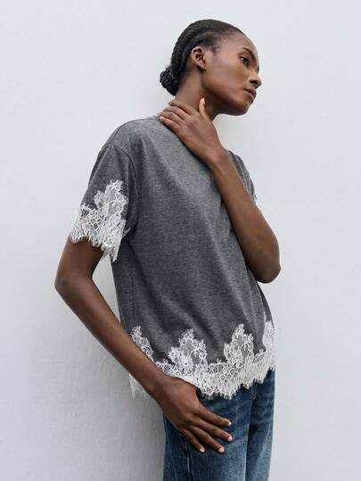 Maija Women's Lace Patchwork Casual Versatile Daily Wear Short Sleeve T-Shirt, Summer T-Shirt, Summer Outfits , Summer Outfits For Women, Spring T-Shirt, Beach Outfits For Women, Vacation, Holiday Outfits , Elegant Women's T-Shirt, Vacation Outfits For Women , Country Style For Women ,Lace T-Shirt