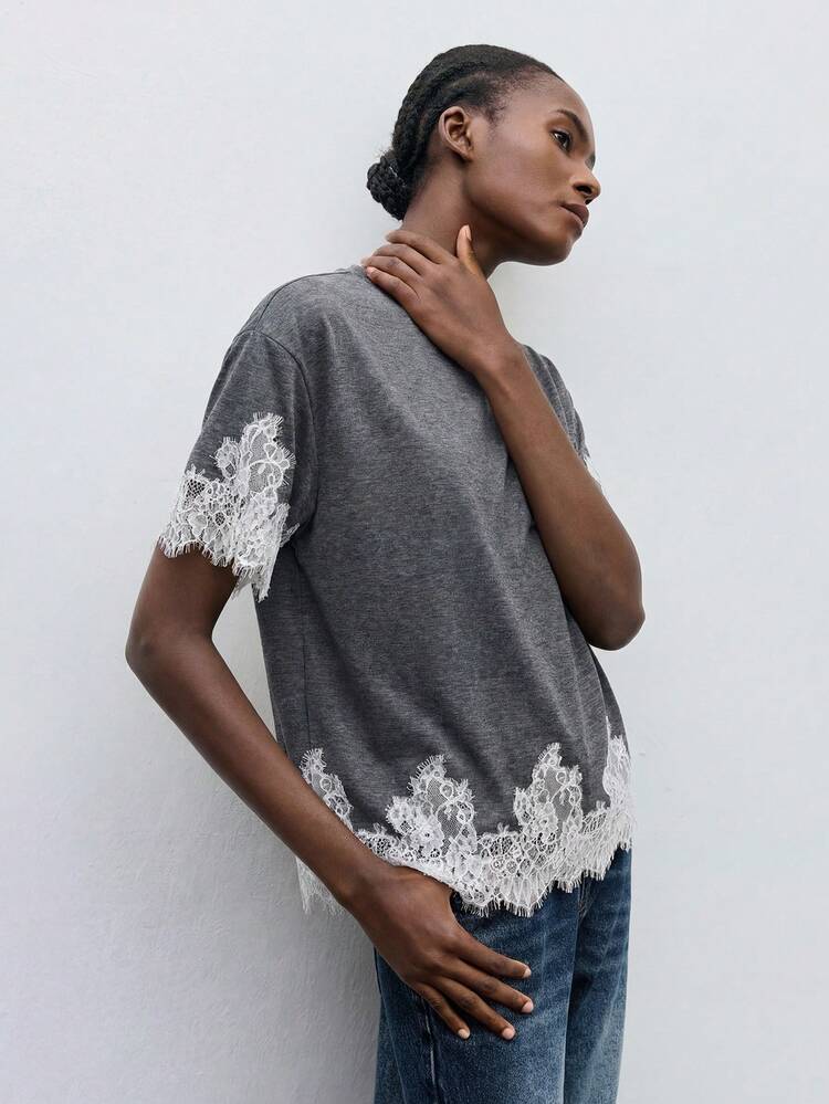 SHEIN Maija Women's Lace Patchwork Casual Versatile Daily Wear Short Sleeve T-Shirt, Summer T-Shirt, Summer Outfits , Summer Outfits For Women, Spring T-Shirt, Beach Outfits For Women, Vacation, Holiday Outfits , Elegant Women's T-Shirt, Vacation Outfits For Women , Country Style For Women ,Lace T-Shirt