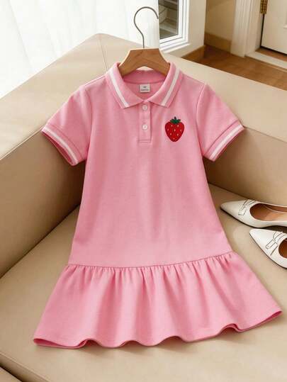 SHEIN 女童草莓印花荷叶边短袖连衣裙