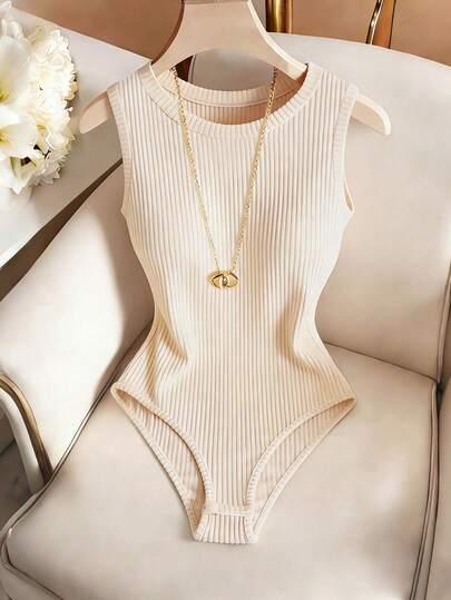 SHEIN Franclia Áo liền thân nữ màu trơn, chất liệu gân, ôm sát, không tay, thanh lịch, gợi cảm, thường ngày, đa năng, phù hợp cho mùa xuân, hè và thu.