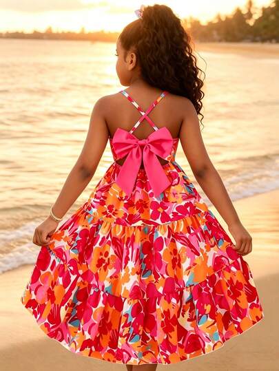 Sparklyn Đầm Dopamine màu đỏ, kiểu dáng mùa hè mới, dây mảnh, hở lưng, đính nơ, không tay, dáng chữ A, chất liệu vải có họa tiết, chất liệu mềm mại, thoải mái.