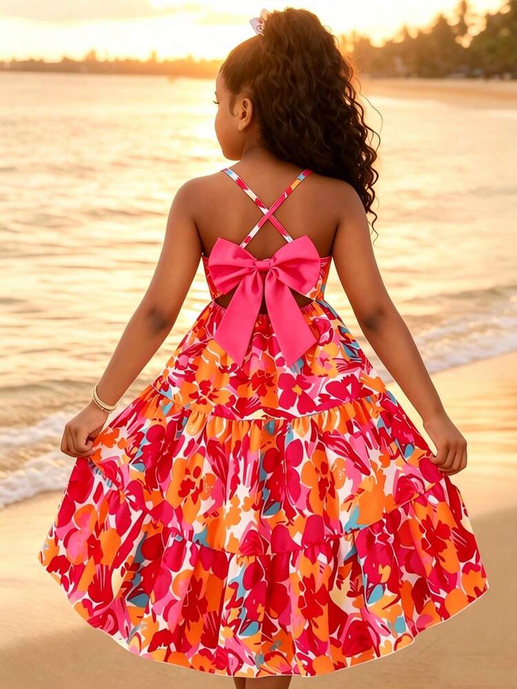 Sparklyn Toddler Girls' Summer New Spaghetti Strap Backless Bow Decor  Sleeveless Flowy A-Line Textured Fabric Casual Red Dopamine Dress Tiered  Dress Girls Bow Back Dress Young Girls Dresses Summer Dress Girls Floral