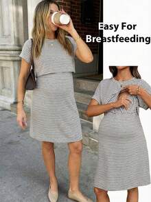SHEIN Vestido de enfermería con estampado de rayas cómodo para uso diario - Gris - Ver 1