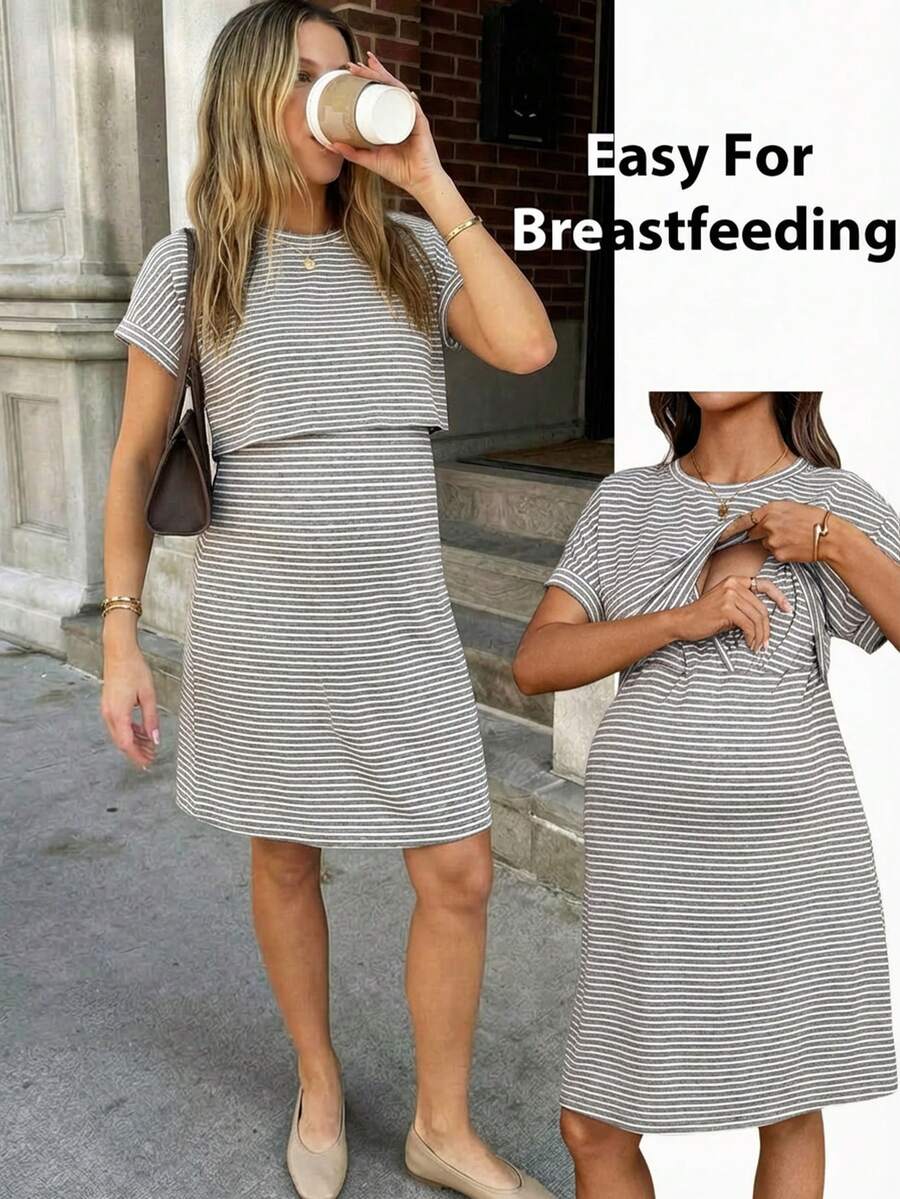 SHEIN Vestido de enfermería con estampado de rayas cómodo para uso diario - Gris - Ver 1