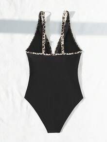 SHEIN Swim 女士夏季新款紧身显瘦V领豹纹连体泳衣，网纱拼接，荷叶边，露背性感时尚沙滩泳装 - 咖啡棕 - 查看 2