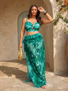 Swim High-End Beach Vacation! 3-Piece Bikini With Skirt In A Flattering, Whitening Green Tie-Dye - 綠色的 - 查看 4
