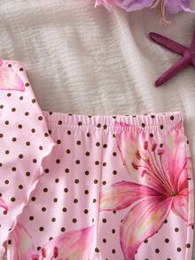 SHEIN 女婴波点碎花印花吊带上衣和喇叭裤套装 - 粉色 - 查看 6