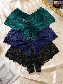 SHEIN 3pcs/Set Plus Size Lace Sexy Open Crotch Panties - Multicolor - View 5