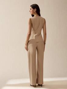 SHEIN Tall 女款時尚優雅通勤背心與長褲兩件套，度假穿搭，適合高個女性 - 卡其色 - 查看 2